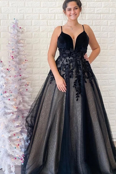 Black Tulle V Back Long Dress Evening Dress With Applique PDA542 | ballgownbridal