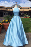Blue A Line Floor Length Halter Sleeveless Beading Belt Prom Dress PDA562 | ballgownbridal
