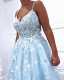 Blue Exquistie Lace Appliques Tulle A-Line Long Prom Dress PDA567 | ballgownbridal