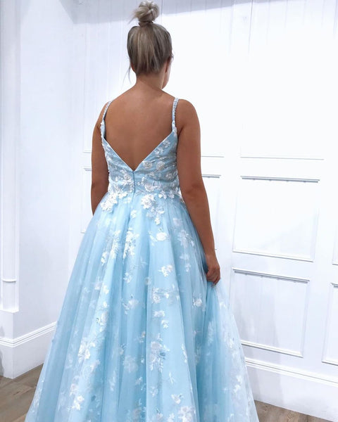 Blue Exquistie Lace Appliques Tulle A-Line Long Prom Dress PDA567 | ballgownbridal