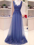 A-Line Blue Lace Open Back Prom Dress, Evening Dress SJ211204