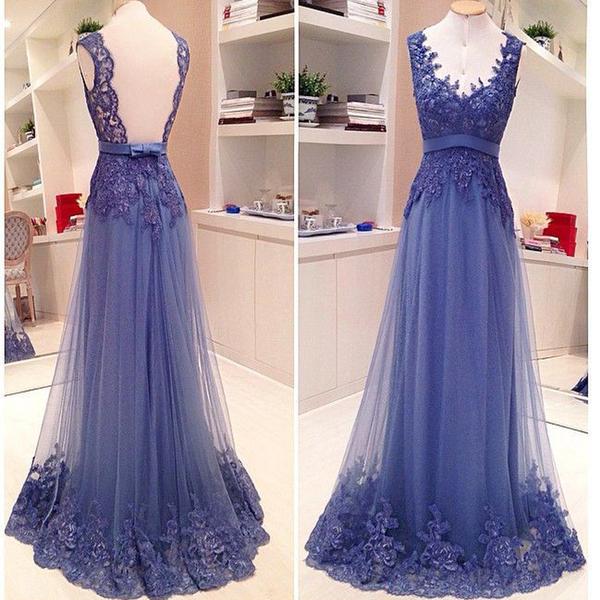 A-Line Blue Lace Open Back Prom Dress, Evening Dress SJ211204