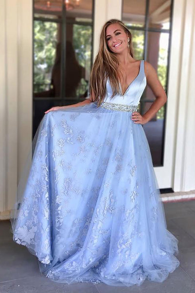 Blue Satin Lace Beaded Long V Neck Senior Prom Dress PDA585 | ballgownbridal