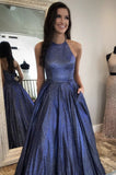 A-Line Blue Stain Sleeveless Long Prom Dress, Evening Dress SJ211109