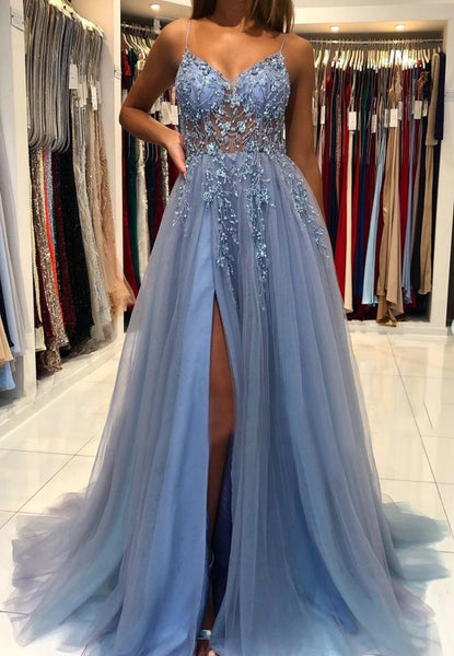 A-Line Blue V-Neck Tulle Long Prom Dress With Beads, Evening Dress SJ211114