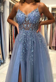 A-Line Blue V-Neck Tulle Long Prom Dress With Beads, Evening Dress SJ211114
