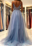 A-Line Blue V-Neck Tulle Long Prom Dress With Beads, Evening Dress SJ211114