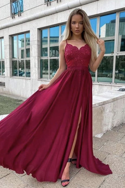A-line Burgundy Chiffon Long Prom Dress With Lace, Evening Dress SJ211110