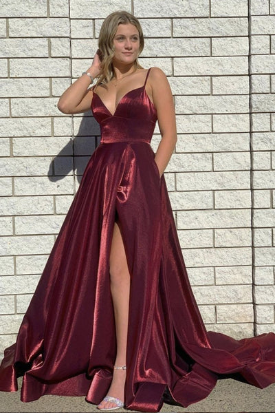 A-line Burgundy Satin Long Prom Dress With Split, Evening Dress SJ211106