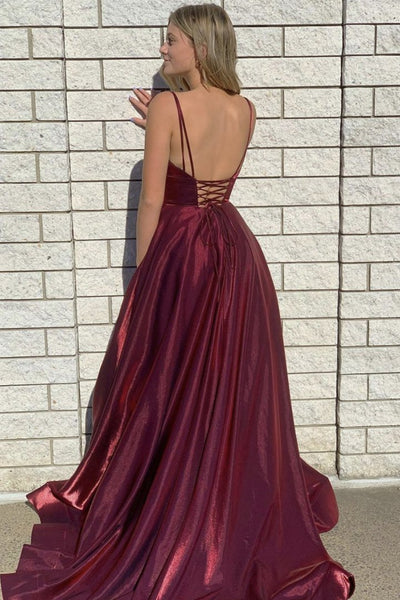 A-line Burgundy Satin Long Prom Dress With Split, Evening Dress SJ211106