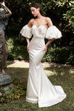 White Puff Sleeve Sweetheart Mermaid Bridal Dress QL5683