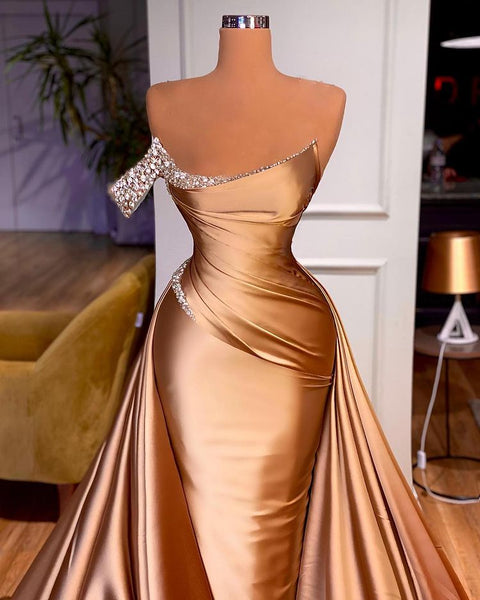 Chic One Shoulder Crystal Mermaid Prom Dress With Sweep Train CW1658