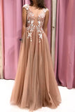 A-Line V Neck Open Back Champagne Lace Long Prom Dress, Evening Dress SJ211166