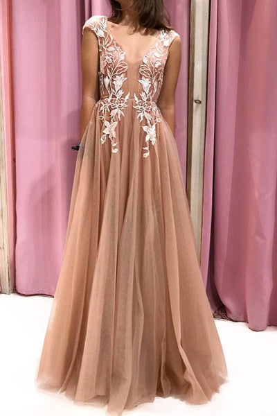 A-Line V Neck Open Back Champagne Lace Long Prom Dress, Evening Dress SJ211166