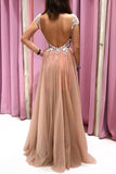 A-Line V Neck Open Back Champagne Lace Long Prom Dress, Evening Dress SJ211166