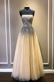 Champagne Tulle Strapless Sequins Long Prom Dress PDA549 | ballgownbridal