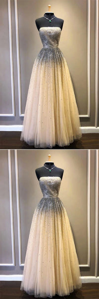 Champagne Tulle Strapless Sequins Long Prom Dress PDA549 | ballgownbridal