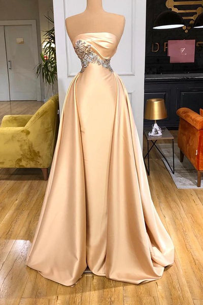A-line Champagne Strapless Beading Overskirt Long Prom Dress PC3710