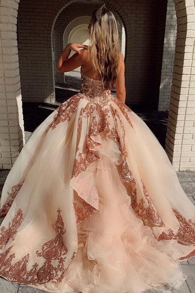 Champagne Sweetheart Tulle Sequin Beading Long Prom Gown Dress EC7921