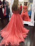 A Line Long Coral Color High Low Organza Beading Prom Dress GM5903