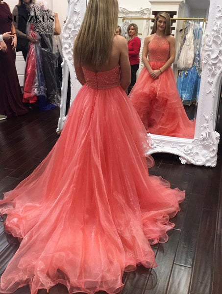 A Line Long Coral Color High Low Organza Beading Prom Dress GM5903