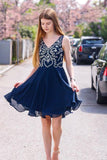 Cute Deep Blue Chiffon V Neck Short Beaded Homecoming Dress PDA583 | ballgownbridal