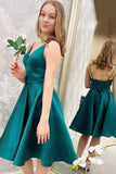 Cute V Neck Short Green Satin Prom Dress Homecoming Dress, V Neck Green Formal Graduation Evening Dress SHE002
