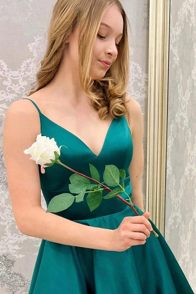 Cute V Neck Short Green Satin Prom Dress Homecoming Dress, V Neck Green Formal Graduation Evening Dress SHE002