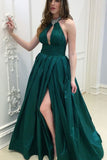 Dark Green Keyhole Beading Long Slit Backless Prom Dress PDA587 | ballgownbridal