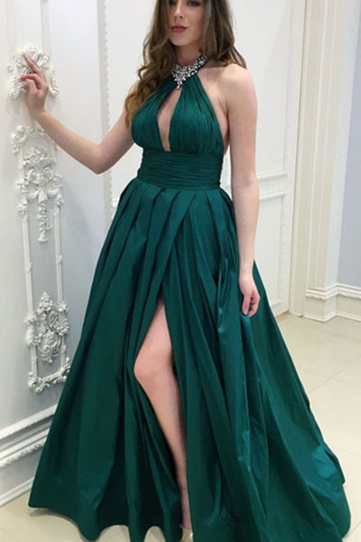 Dark Green Keyhole Beading Long Slit Backless Prom Dress PDA587 | ballgownbridal