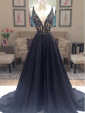 A-Line Deep V-Neck Black Long Prom Dresses, Evening Dresses SJ211205