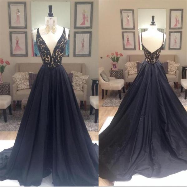 A-Line Deep V-Neck Black Long Prom Dresses, Evening Dresses SJ211205