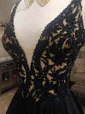 A-Line Deep V-Neck Black Long Prom Dresses, Evening Dresses SJ211205