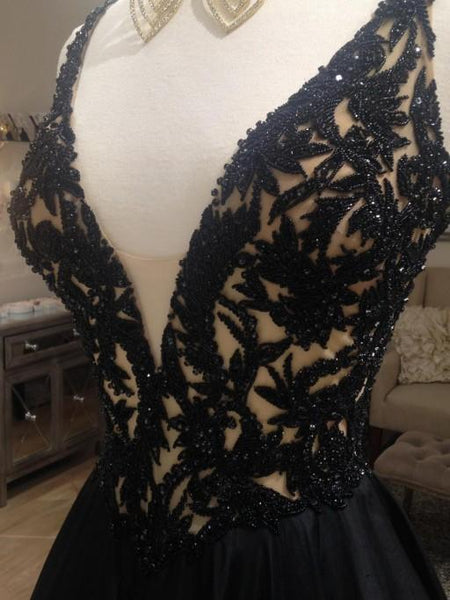 A-Line Deep V-Neck Black Long Prom Dresses, Evening Dresses SJ211205