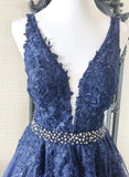 Deep Blue Lace Tulle V Neck Pearl Waistline long Prom Dress DS0908