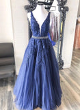 Deep Blue Lace Tulle V Neck Pearl Waistline long Prom Dress DS0908