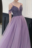Fancy Cold Shoulder Lavender Long Prom With Beaded , Evening Dress SJ211123