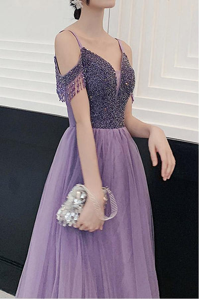 Fancy Cold Shoulder Lavender Long Prom With Beaded , Evening Dress SJ211123
