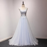Elegant A-line Light Blue Tulle Long Prom Dress With Lace SJ211045