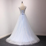 Elegant A-line Light Blue Tulle Long Prom Dress With Lace SJ211045