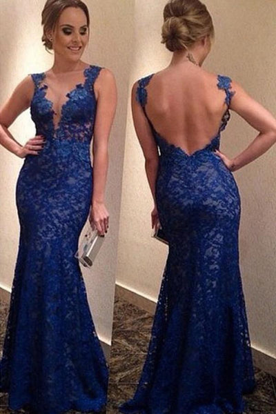 Mermaid Royal Blue Stain Long Prom Dress With Lace Appliques, Evening Dress SJ211121