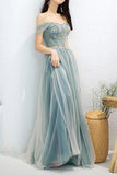 Elegant A-Line Off Shoulder Beaded Long Prom Dress With Appliques, Evening Dress  SJ211124