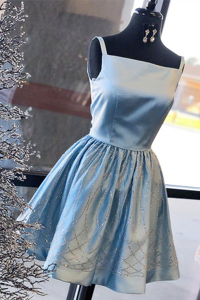 Elegant Blue Satin Short Sequins Halter Prom Dress For Teens PDA560