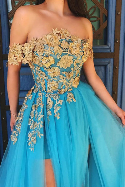 Off the Shoulder Blue Lace Prom Dresses with Gold Appliques CA1658