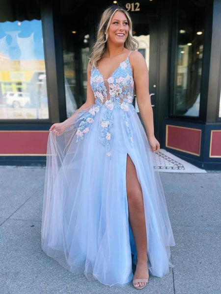 Sky Blue V-neck Tulle Long Prom Dress with Appliques,Popular Evening Dress ST1516