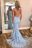 Blue Lace Applique Mermaid Sexy Cheap Long Prom Dress GY101