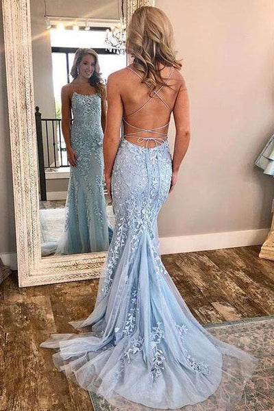 Blue Lace Applique Mermaid Sexy Cheap Long Prom Dress GY101