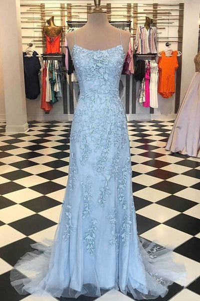 Blue Lace Applique Mermaid Sexy Cheap Long Prom Dress GY101
