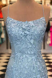 Blue Lace Applique Mermaid Sexy Cheap Long Prom Dress GY101