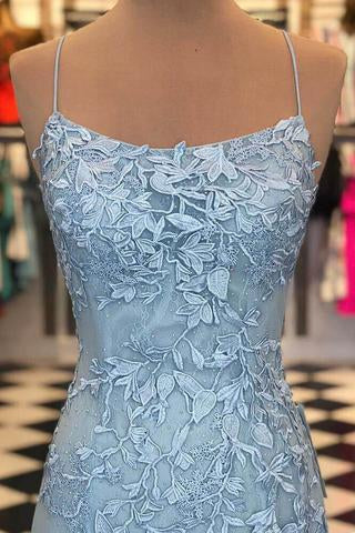 Blue Lace Applique Mermaid Sexy Cheap Long Prom Dress GY101